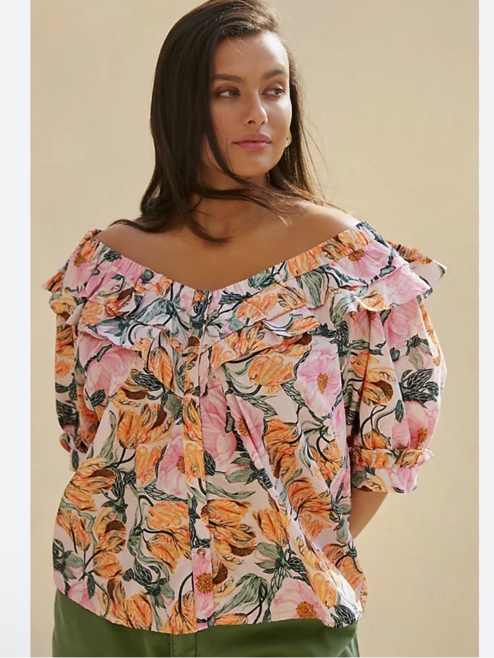 Cecilia Pettersson for Anthropologie ruffled off shoulder floral top 1X PLUS